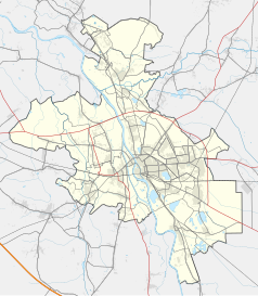 Mapa konturowa Opola, blisko centrum po prawej na dole znajduje się punkt z opisem „Stadion im. Mariana Spychały”