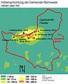 Hoogtekaart: de Stemweder Berg steekt opvallend boven het laagland uit. De rode lijn is de gemeentegrens.