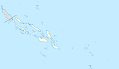 Mapa konturowa Wysp Salomona, blisko centrum na lewo znajduje się punkt z opisem „Guadalcanal”