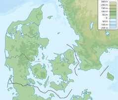 Mapa konturowa Danii, na dole nieco na lewo znajduje się punkt z opisem „miejsce bitwy”