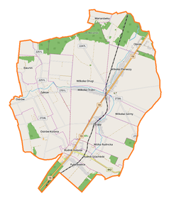 Mapa konturowa gminy Wilkołaz, na dole znajduje się punkt z opisem „Rudnik Szlachecki”