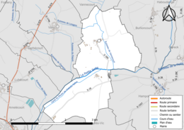 Carte en couleur présentant le réseau hydrographique de la commune