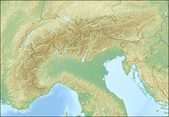 Mapa konturowa Alp, u góry po prawej znajduje się czarny trójkącik z opisem „Kreischberg”