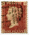 Image 14The Penny Red, 1854 issue, the first officially perforated postage stamp (from Postage stamp)