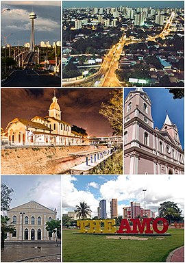 Do topo, em sentido horário: Ponte Estaiada João Isidoro França; vista de Teresina à noite; Catedral Metropolitana Nossa Senhora das Dores; placa turística; Teatro Quatro de Setembro e complexo da Estação Ferroviária de Teresina.