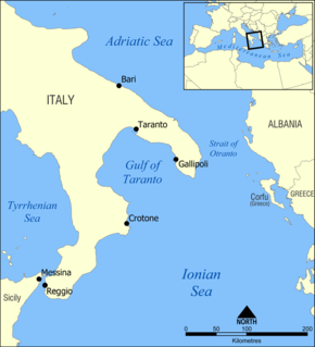 A map showing the location of the Strait of Otranto