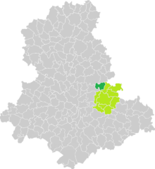 Carte montrant les limites de communes, le canton de Saint-Léonard-de-Noblat en vert clair et la commune de Saint-Martin-Terressus en vert foncé, au centre-est du département.