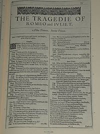 Faksimil av första sidan i The Tragedie of Romeo and Juliet från First Folio, publicerad 1623