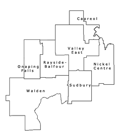 Municipal boundaries of the former Regional Municipality of Sudbury.