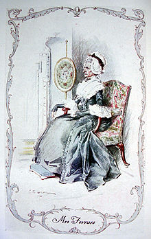 Gravure en couleur. Vieille femme revêche, assise très raide dans un fauteuil