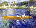 La yole o El Sena en Asnieres,[73]​ de Auguste Renoir, 1879-1880. "El azul cobalto y el anaranjado de cromo se contrastan mutuamente en una deslumbrante exhibición de colores complementarios".[6]​