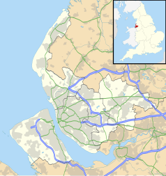 Mapa konturowa Merseyside, blisko centrum na dole znajduje się punkt z opisem „Huyton”