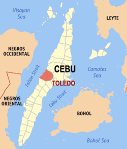 Mapa han Sugbo nga nagpapakita kon hain nahamutang an Syudad han Toledo.