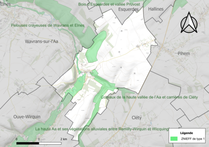 Carte des ZNIEFF de type 1 sur la commune.