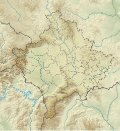 Mapa konturowa Kosowa, blisko górnej krawiędzi znajduje się czarny trójkącik z opisem „Kopaonik”