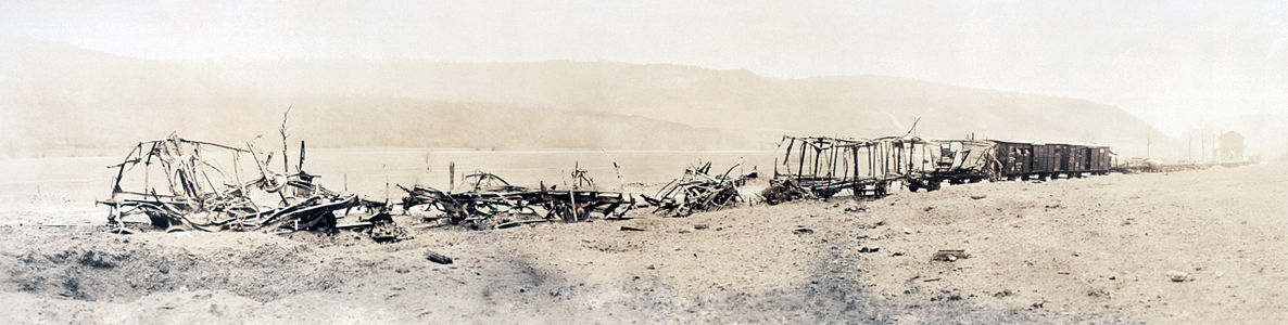 Wrecked German ammunition train, destroyed by shell fire, World War I