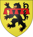 Blason des Beaujeu : D'Or au lion de sable armé et lampassé de gueules, au lambel de cinq pendants du même brochant sur le tout.