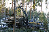 A Ponsse Buffalo nevű speciális önrakodó jármű munkavégzés közben (Norvégia, Hedmark)