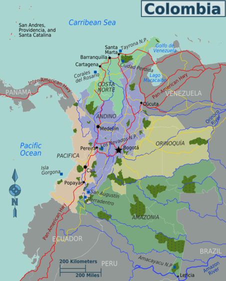 Mapa regionů Kolumbie