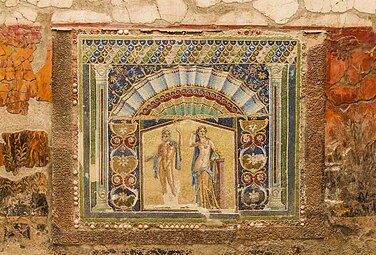 Polychrome Roman mosaic of Neptune and Amphitrite, c.70 BC, mosaic, Casa di Nettuno e Anfitrite, Herculaneum Archaeological Park, Ercolano, Italy[6]