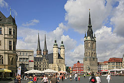 Market Place with the Red Tower (right) and the Marktkirche Unser Lieben Frauen