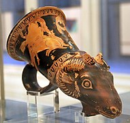 Ancient Greek red-figure ram-head rhyton, c. 340 BC