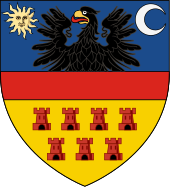 Blue, red and yellow shield with an eagle, the sun, moon and seven castle turrets