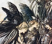 Dimitra Fimi compares Gondor's bird-winged helmet-crown to the romanticised headgear of the Valkyries. Illustration for The Rhinegold and the Valkyrie by Arthur Rackham, 1910[28]