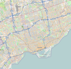 Mapa konturowa Toronto, na dole znajduje się punkt z opisem „Pomnik Katyński w Toronto”