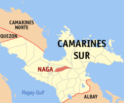 Mapa ng Camarines Sur na nagpapakita ng lokasyon ng Lungsod ng Naga