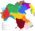 Mappa delle lingue del nord d'Italia mostrante i singoli comuni con i confini amministrativi di regioni e comuni del 2015