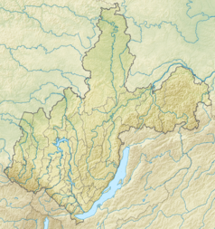 Mapa konturowa obwodu irkuckiego, na dole znajduje się punkt z opisem „Olchon”