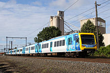 Long blue-and-white train