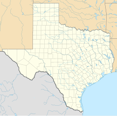 Mapa konturowa Teksasu, po prawej nieco u góry znajduje się punkt z opisem „Waxahachie”