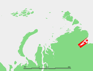 Nordpolarmeer mit zur Laptewsee zählendem Chatangagolf (rot umrahmt) an der Nordküste Sibiriens mit nördlich davon gelegener Taimyrhalbinsel