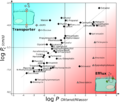 Diagramm zur Darstellung von log P (Oktanol/Wasser) auf der X-Achse gegen log Pc (den Permeabilitätkoeffizienten von Kapillaren in Rattengehirnen in cm/s) für verschiedene Substanzen.