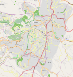 Mapa konturowa Jerozolimy, blisko centrum na prawo znajduje się punkt z opisem „Ściana Płaczu”