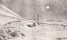 Una representación artística: Una luna llena en un cielo oscuro; sobre el terreno, un montón de nieve con una pequeña apertura cuadrada indica la cabaña, con un trineo dando la vuelta en el exterior. El área que lo rodea es todo nieve desolada y campos de hielo.