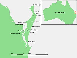 Map of K'gari, including its location in Australia