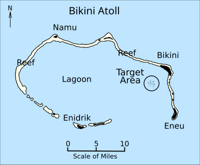 Map of Bikini Atoll, with target area highlighted.