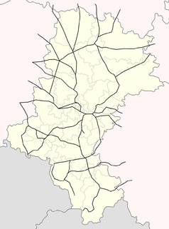 Mapa konturowa województwa śląskiego, blisko centrum na prawo u góry znajduje się punkt z opisem „Myszków”