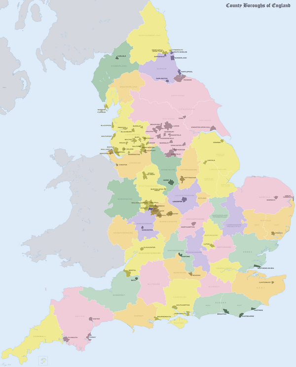 Map of County Boroughs Prior to Abolition in 1974