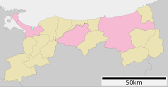 Mapa konturowa prefektury Tottori, u góry znajduje się punkt z opisem „Yurihama”