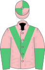 Pink, emerald green chevron, halved sleeves, quartered cap