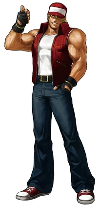 Concept art render of a blond, muscular man wearing jeans, a white tank top and a red vest and cap