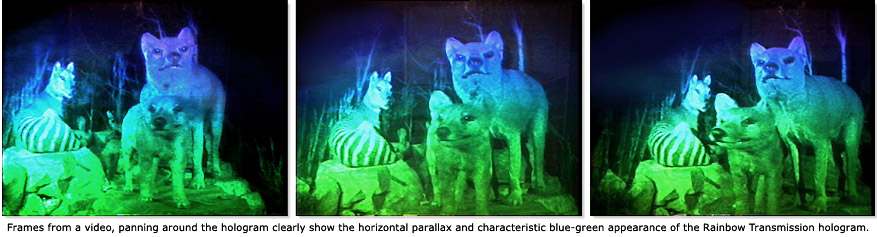 A three image college with a text stating "Frames from a video, panning around the hologram clearly show the horizontal parallax and characteristic blue-green appearance of the Rainbow Transmission hologram."