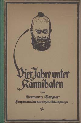 Book illustration showing a man with facial hair and a top knot in the middle of his head. The title is "Vier Jahre unter Kannibalen".