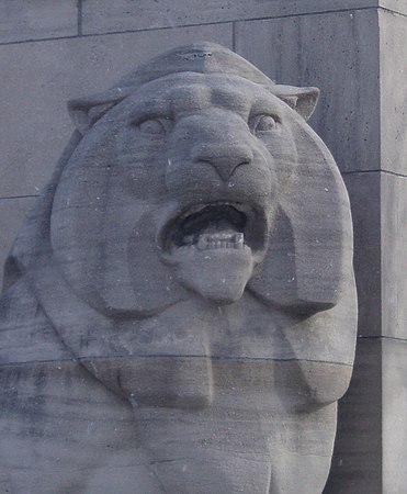 Frances Loring's Lion sculpture at the base of the Queen Elizabeth Way Monument