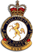 Crest of 36 Squadron, Royal Australian Air Force, featuring prancing horse in gold and the motto "Sure"