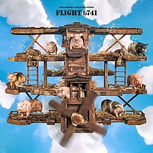 A wooden airplane four-wings-high stacked with model pigs and straw and flying in the clouds.